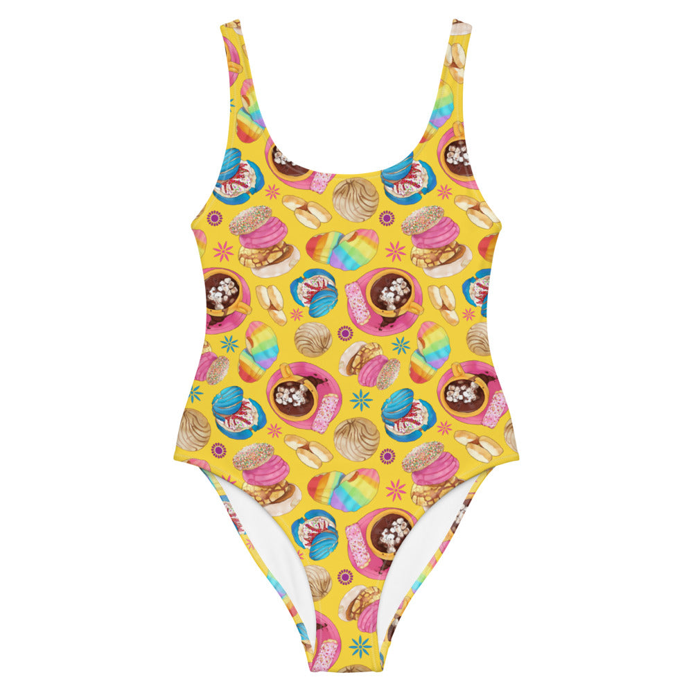 Vibrant Pan Dulce One-Piece Swimsuit features colorful dessert prints, perfect for a fun day by the pool!