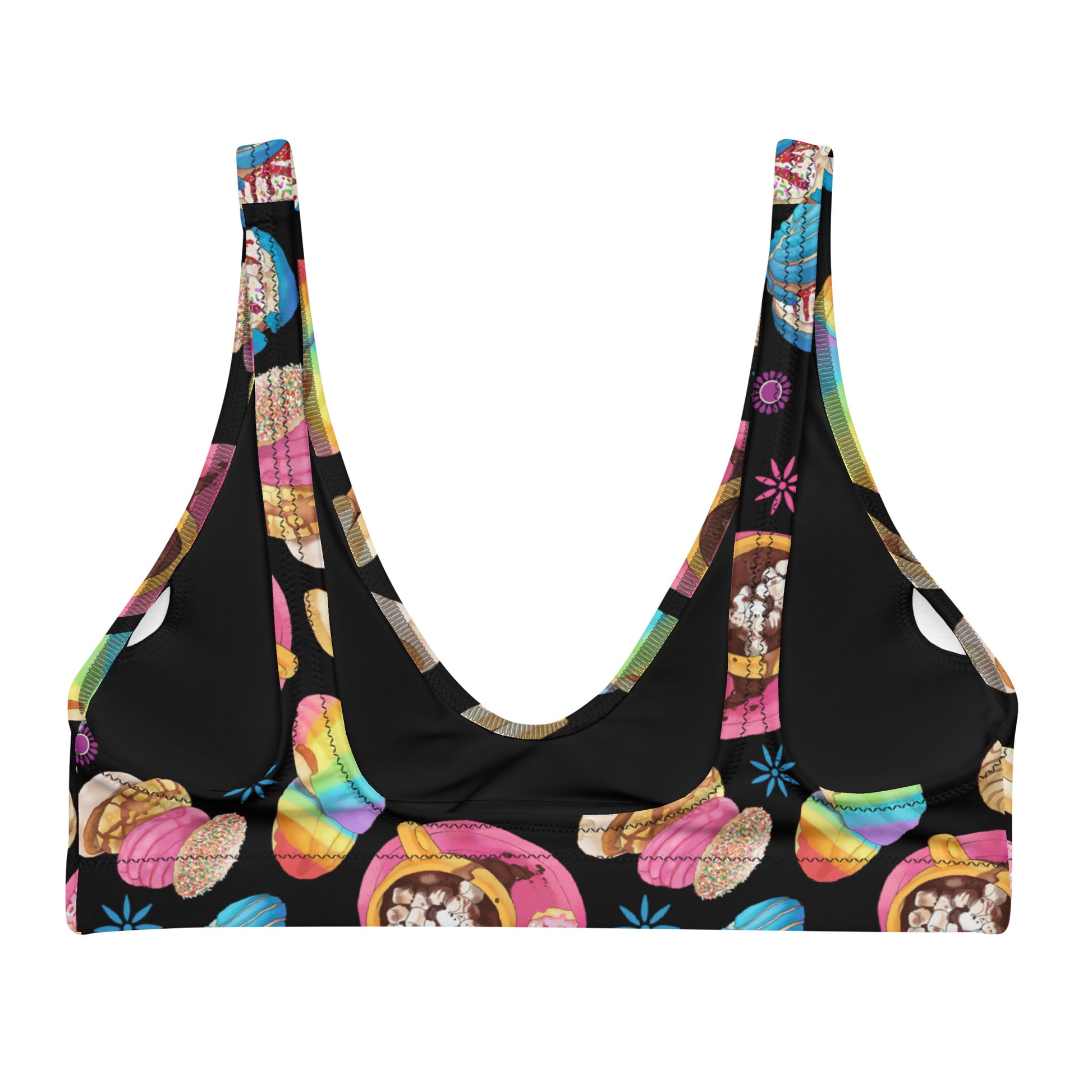 Bright and colorful Pan Dulce Padded Bikini Top featuring a fun baked goods design, perfect for beach outings.