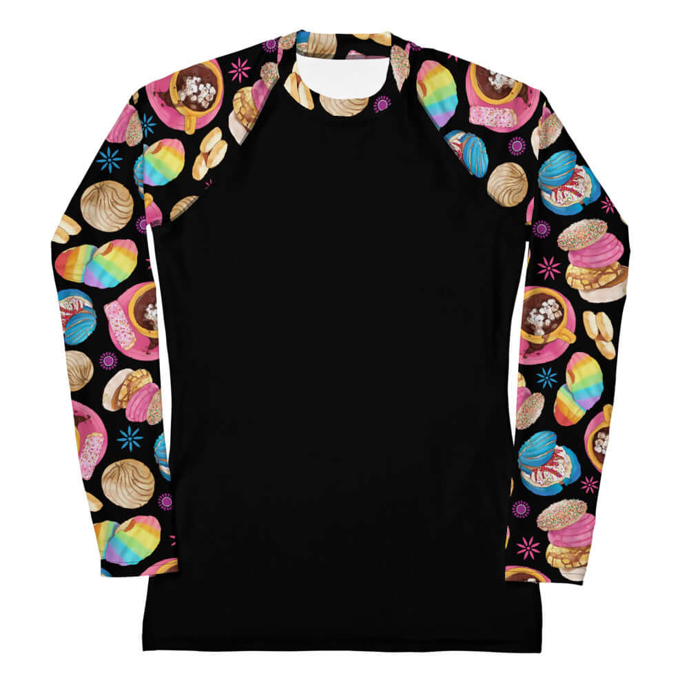 Stylish Pan Dulce Rash Guard with vibrant designs, perfect for active wear and sun protection during sports.