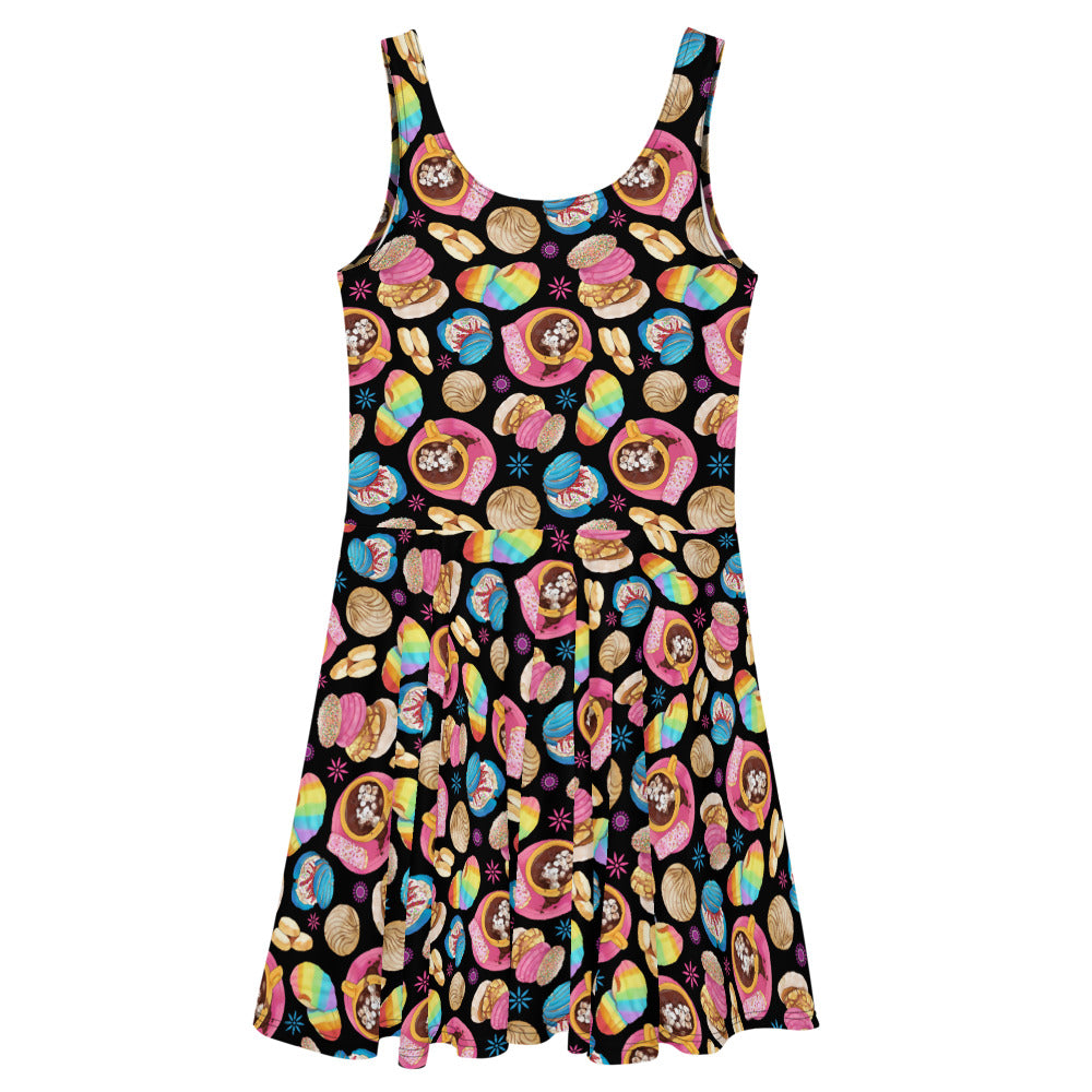 Bright and colorful Pan Dulce Skater Dress featuring a flared skirt, perfect for showcasing your love of sweet treats.