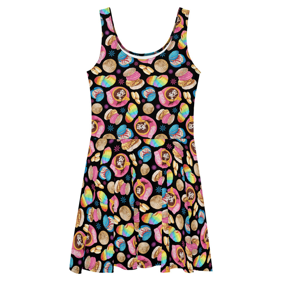 Bright and playful Pan Dulce Skater Dress featuring colorful baked goods, perfect for adding sweet charm to any outfit.