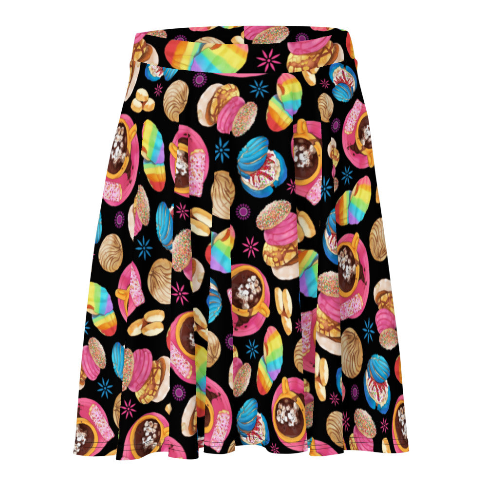 Flatter your figure with the Pan Dulce Skater Skirt, featuring a vibrant dessert print for a fun, sunny day look.