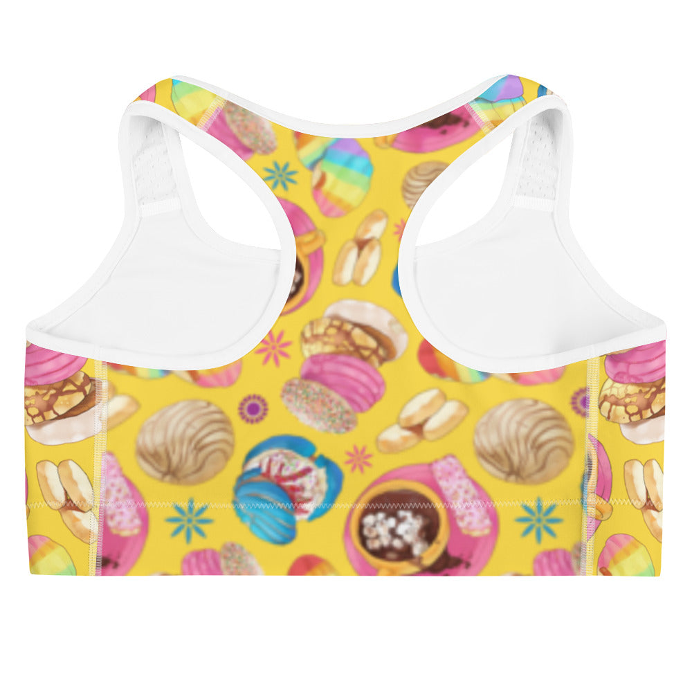 Bright and colorful Pan Dulce Sports bra, featuring a fun dessert pattern, perfect for gym workouts and style.