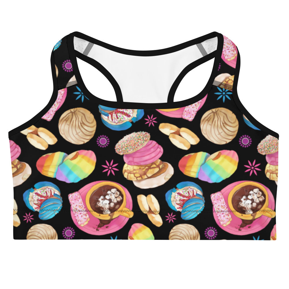 Colorful Pan Dulce Sports bra featuring playful dessert designs, perfect for a sweet workout at your favorite gym.