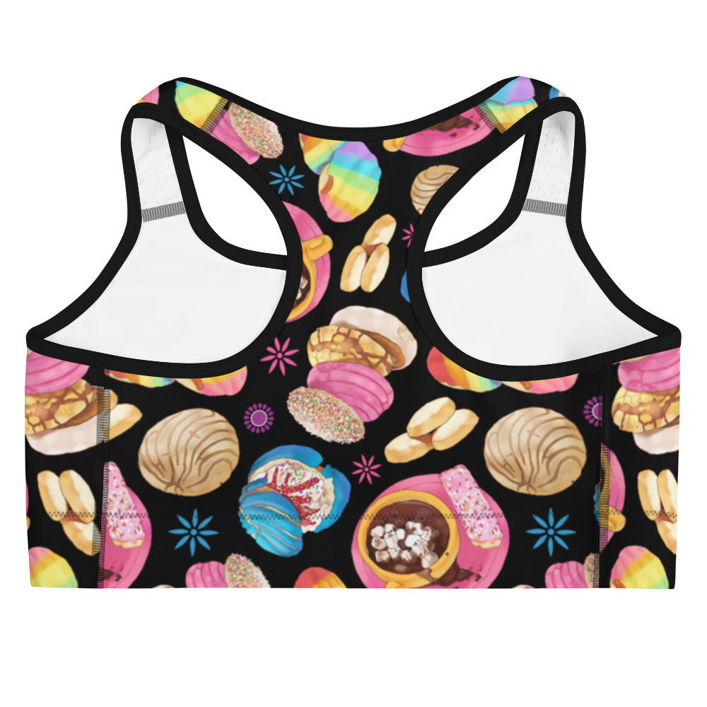 Colorful Pan Dulce Sports bra featuring a vibrant dessert print, perfect for adding fun to your gym wardrobe.