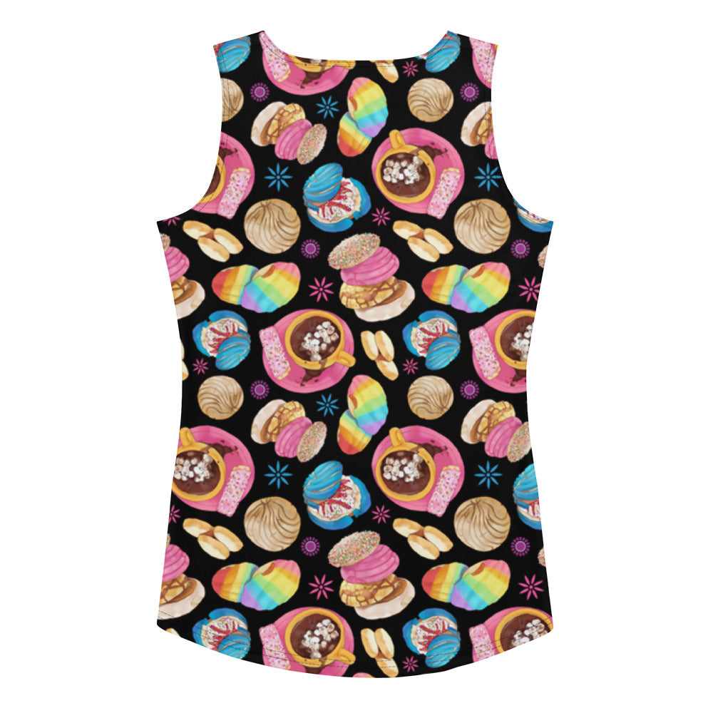 Colorful Pan Dulce Tank Top featuring a fun dessert pattern, perfect for a vibrant summer look.