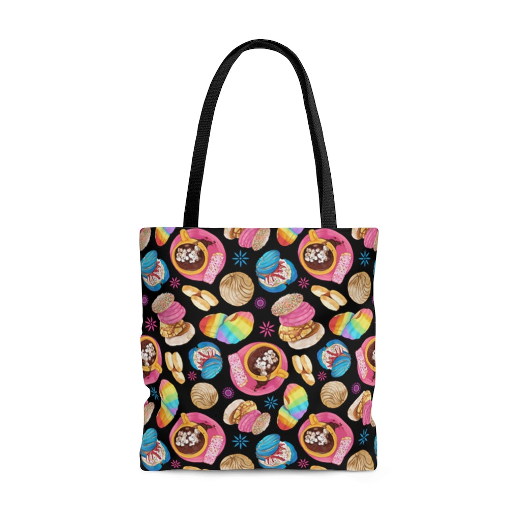 Colorful Pan Dulce Tote Bag (Black) featuring baked treats design, perfect for style and durability. Ideal for any outfit!
