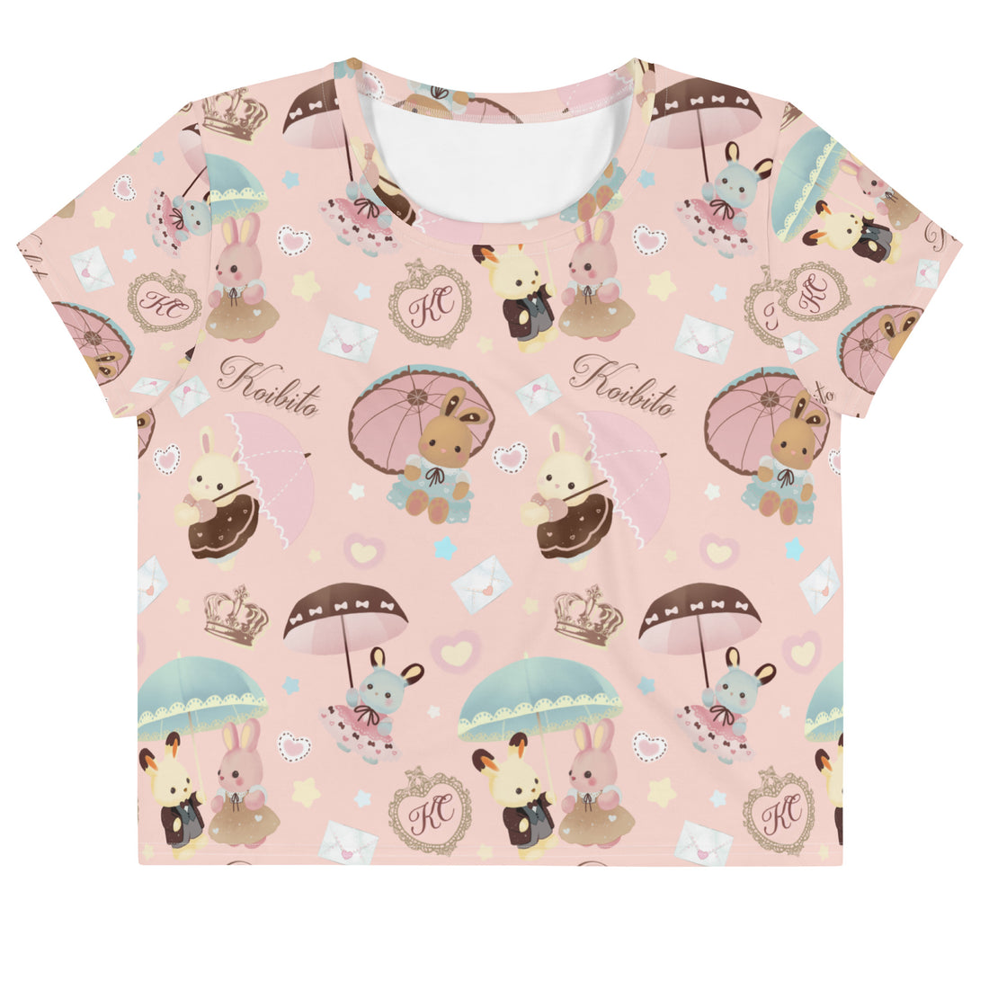 Kawaii Parasol Bunny Crop Top featuring adorable bunnies and umbrellas, perfect for spring tea parties by Koibito.