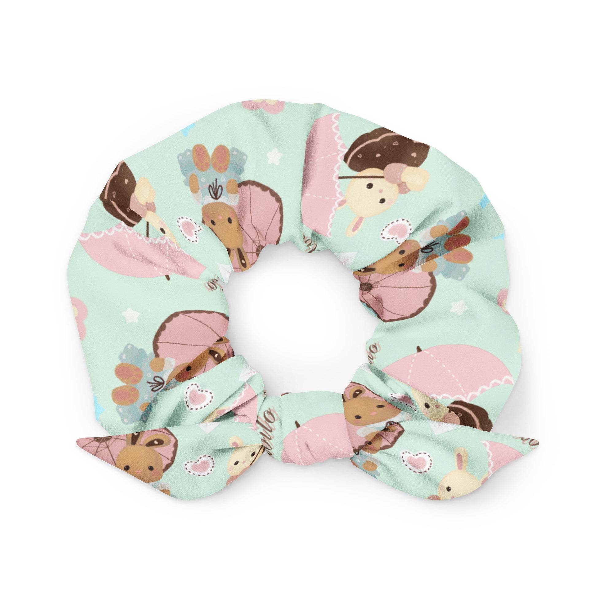 Cute Parasol Bunny Scrunchie features playful bunnies and umbrellas, perfect for spring and kawaii outfits.