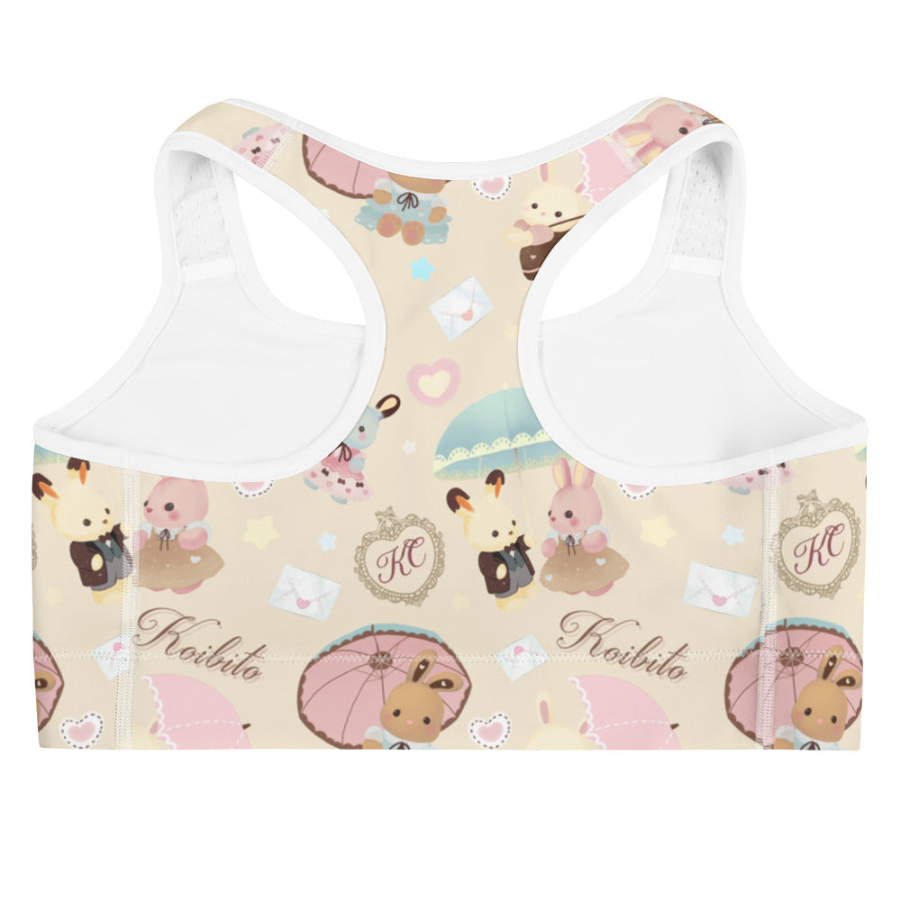 Cute Parasol Bunny Sports bra featuring adorable bunnies, perfect for stylish workouts and moisture-wicking comfort.