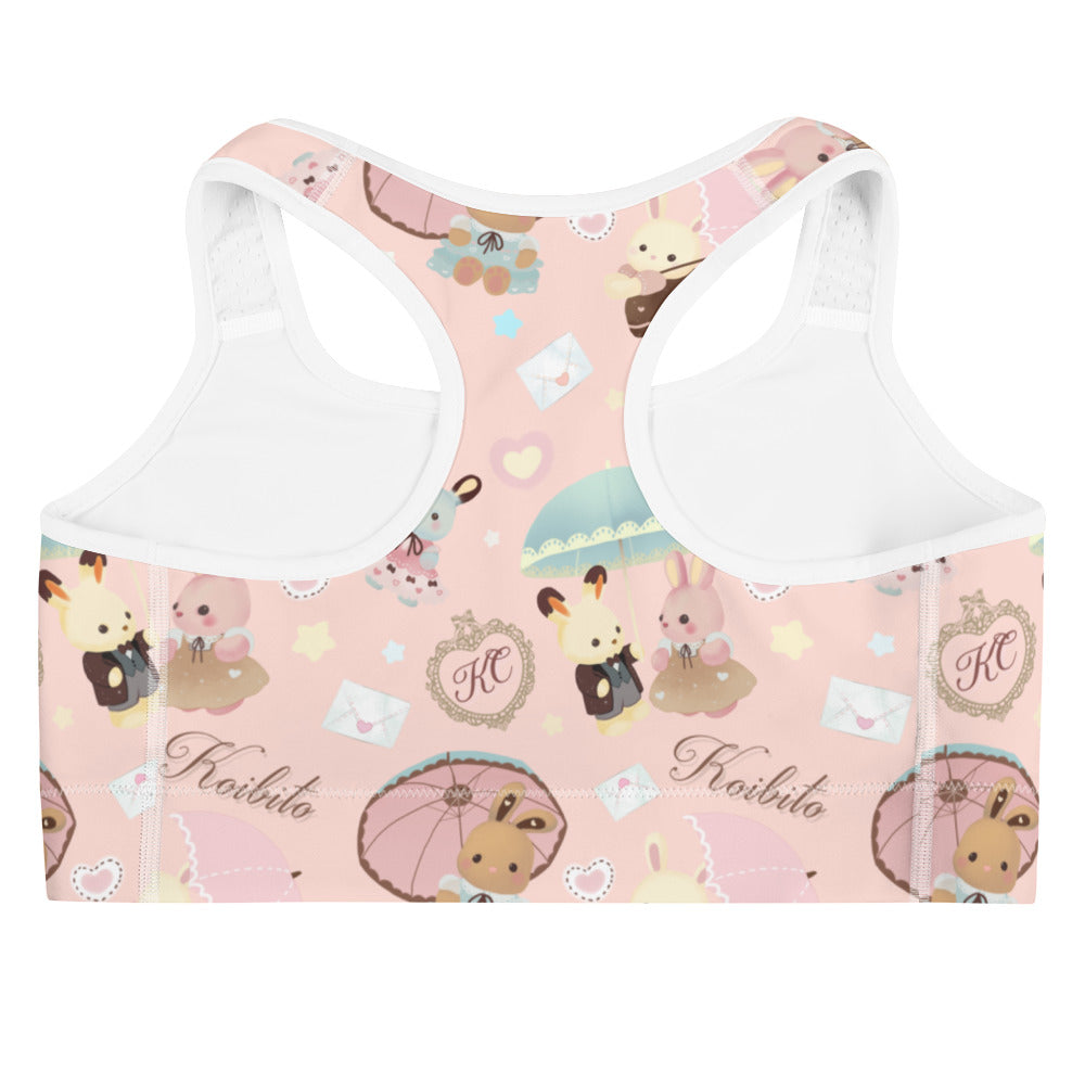 Cute Parasol Bunny Sports bra featuring adorable bunnies, perfect for stylish workouts at Koibito.