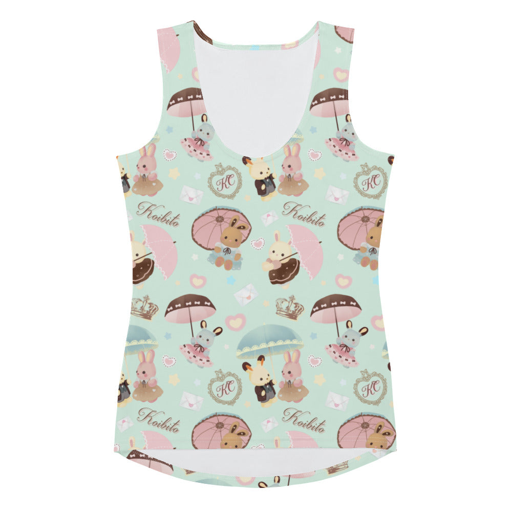 Brighten your spring wardrobe with the Parasol Bunny Tank Top, featuring cute bunnies and pastel colors, perfect for tea parties.