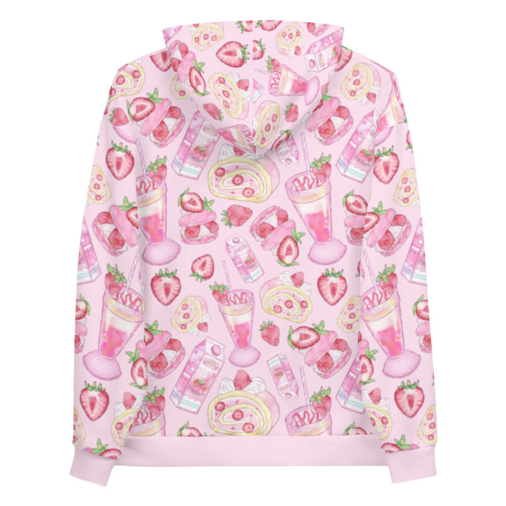 Pastel pink Strawberry Hoodie featuring a cute print, perfect for a kawaii aesthetic. Cozy and stylish for any occasion.