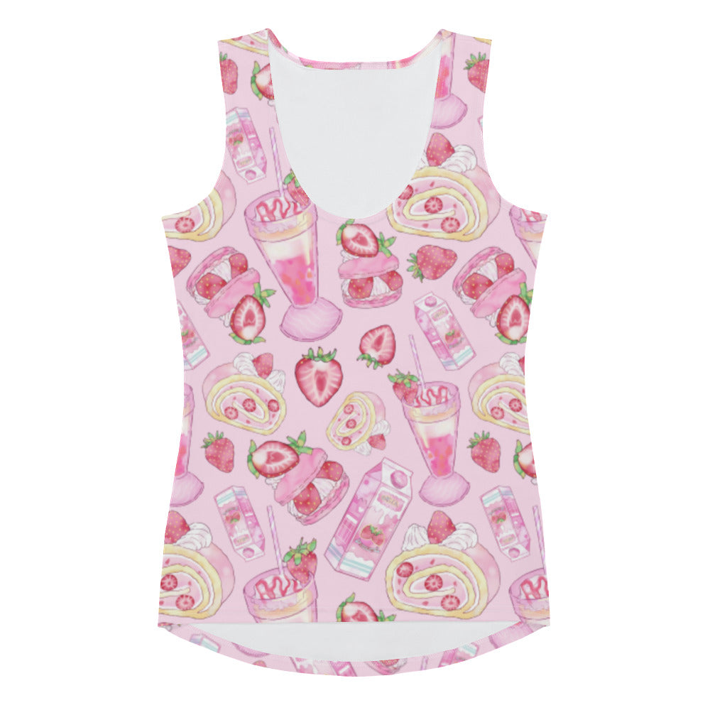 Pastel pink Strawberry Tank Top featuring cute fruit designs, perfect for a kawaii aesthetic and a snug fit.