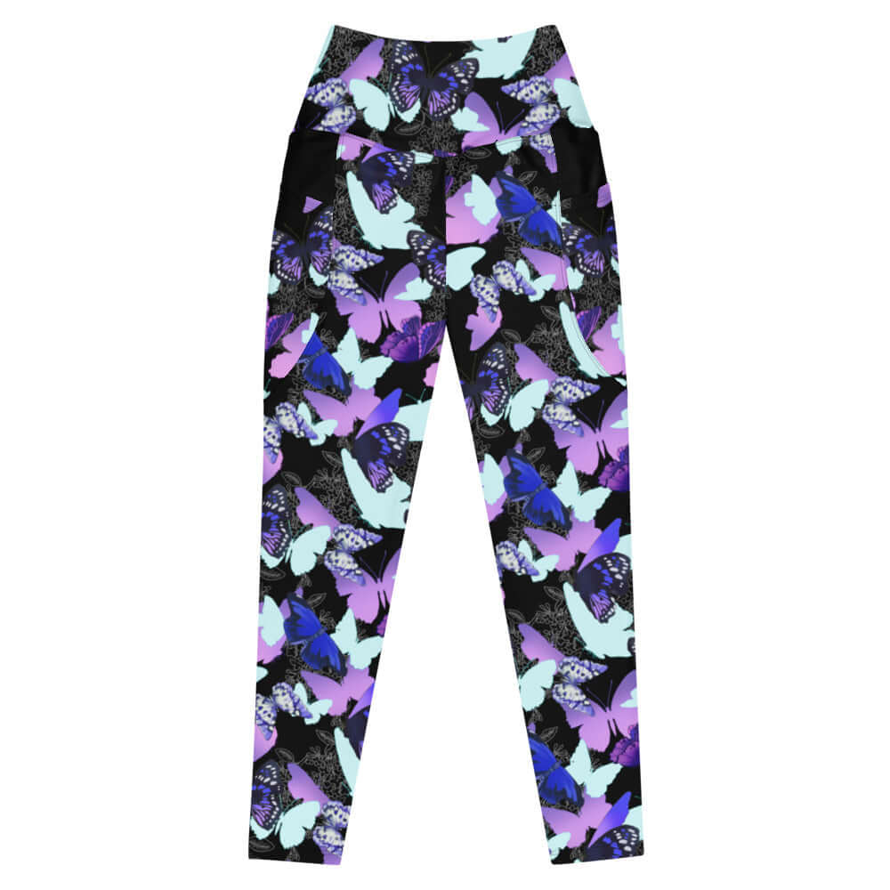 Vibrant Premium Butterfly Leggings showcase colorful butterfly silhouettes, perfect for a stylish and unique look.