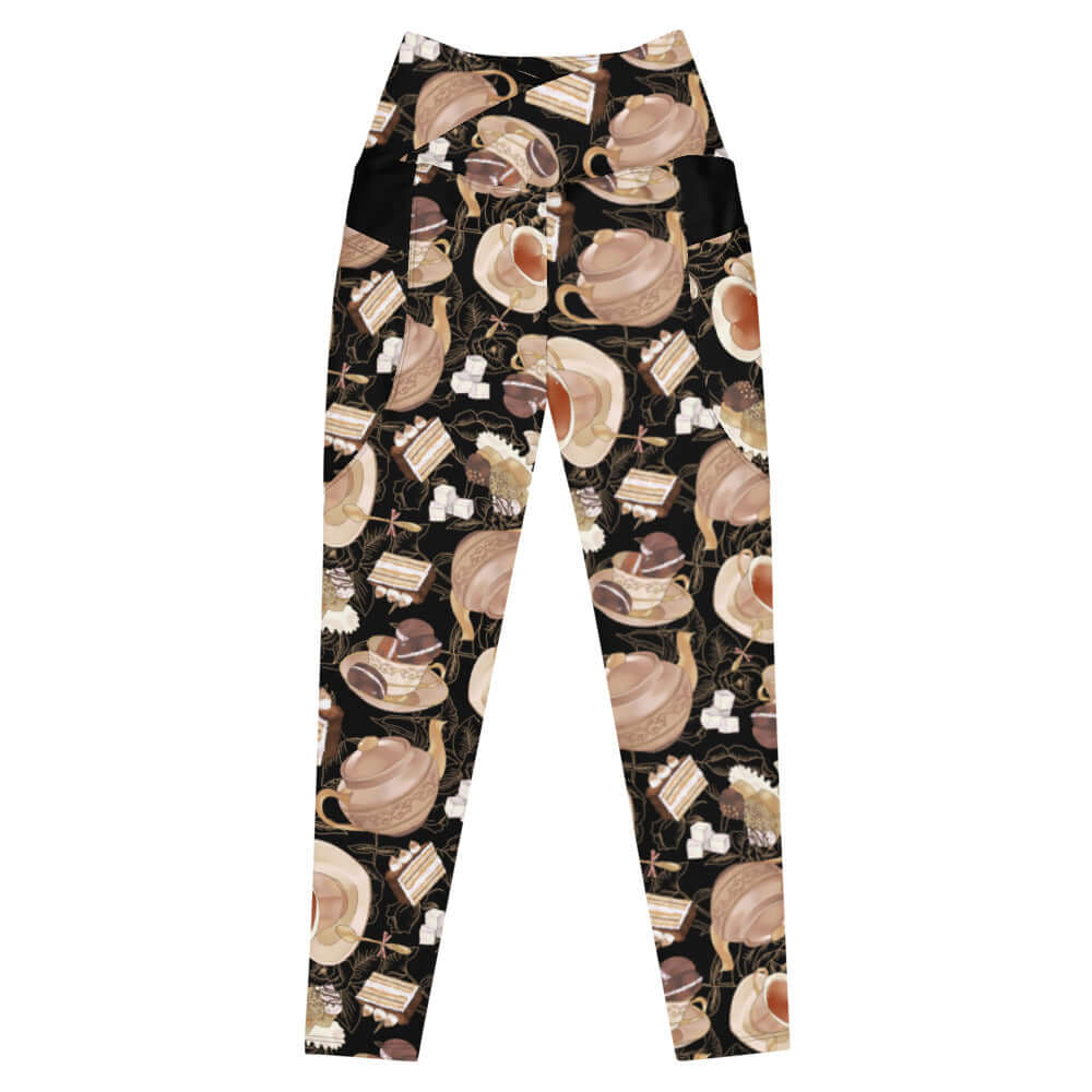 Stylish Premium Café Leggings with a black and brown tea pattern, perfect for workouts or casual wear.