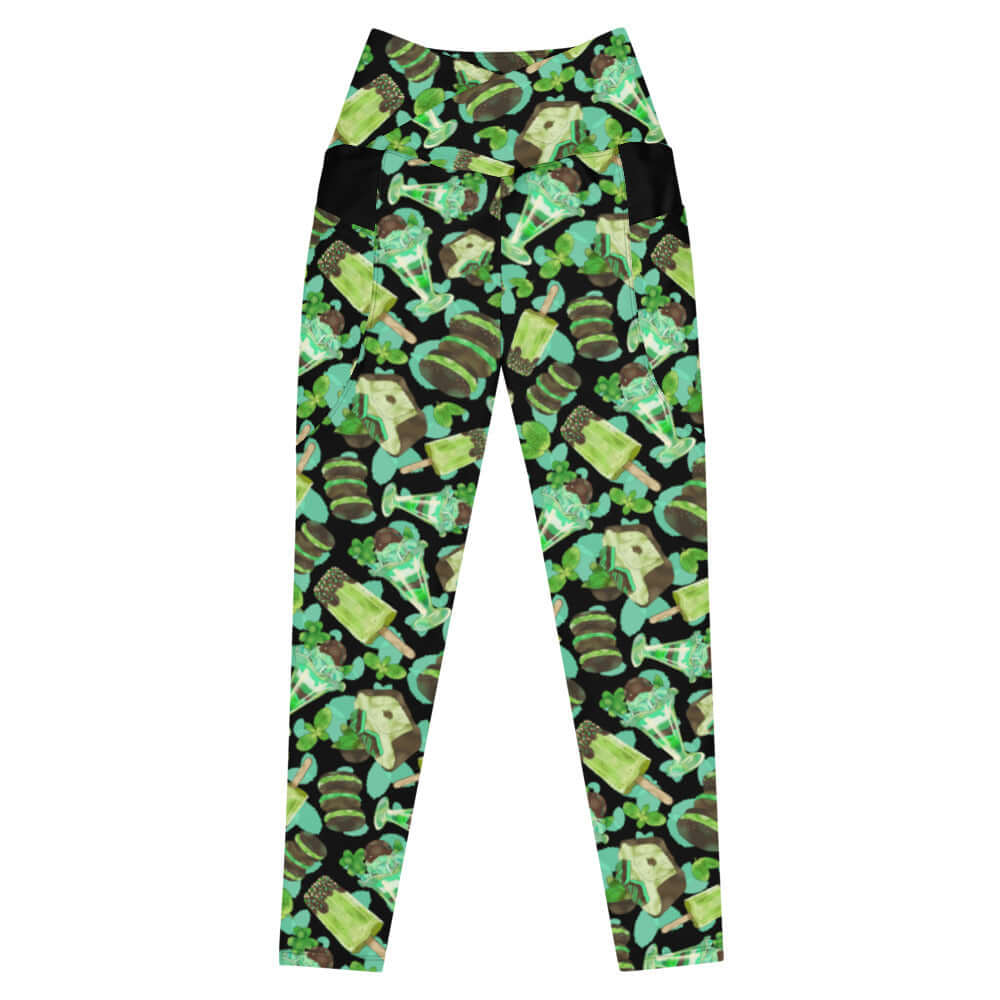 Premium Choco Mint Leggings in vibrant colors, perfect for gym or lounging, featuring a high-waisted cut and pockets.