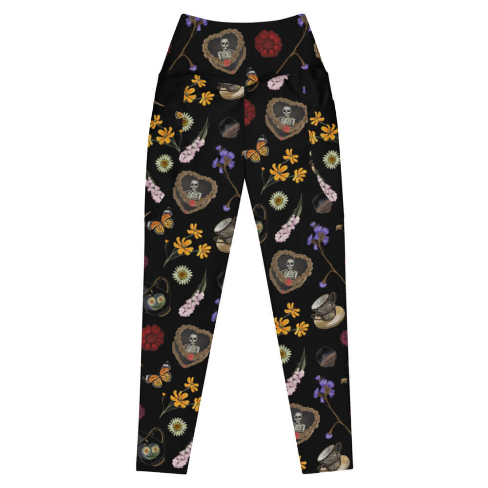 Wrap your legs in style with Premium Gothic Tea Time Leggings, featuring floral patterns and elegant tea ware.