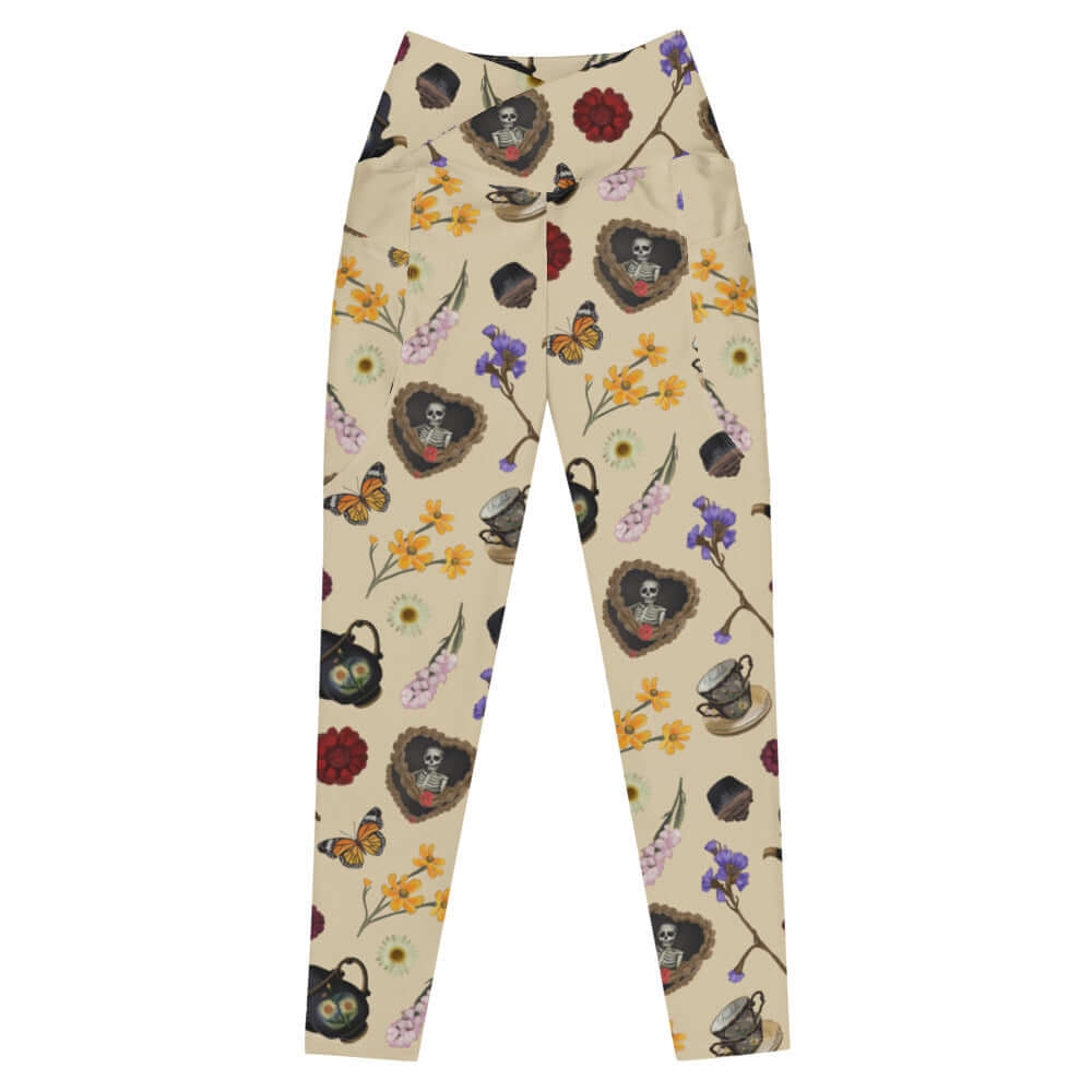 Premium Gothic Tea Time Leggings showcase a floral and tea design, perfect for a stylish goth look.