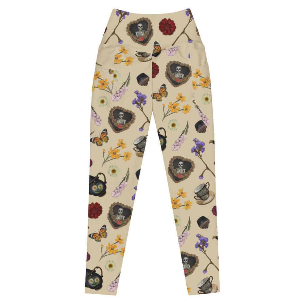 Premium Gothic Tea Time Leggings with floral and tea ware design, perfect for goth fashion lovers. Ideal for comfort and style.