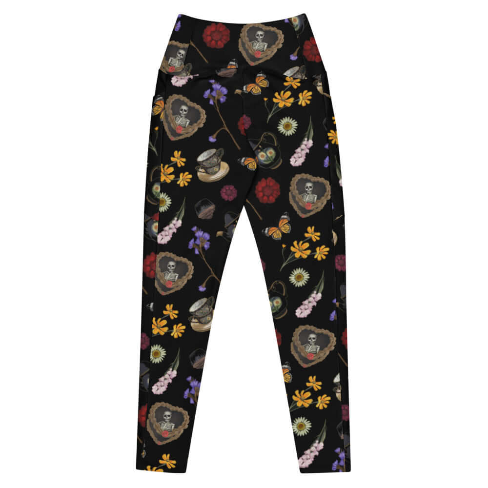 Wrap your legs in style with Premium Gothic Tea Time Leggings, featuring floral designs and tea ware for goth fashionistas.