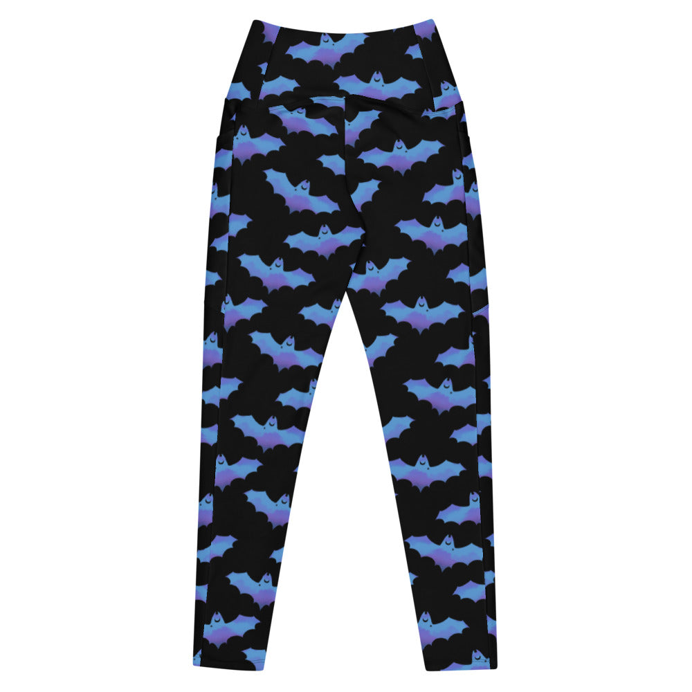 Elevate your workout with Premium Lilith Leggings, featuring a stylish bat print and practical side pockets.