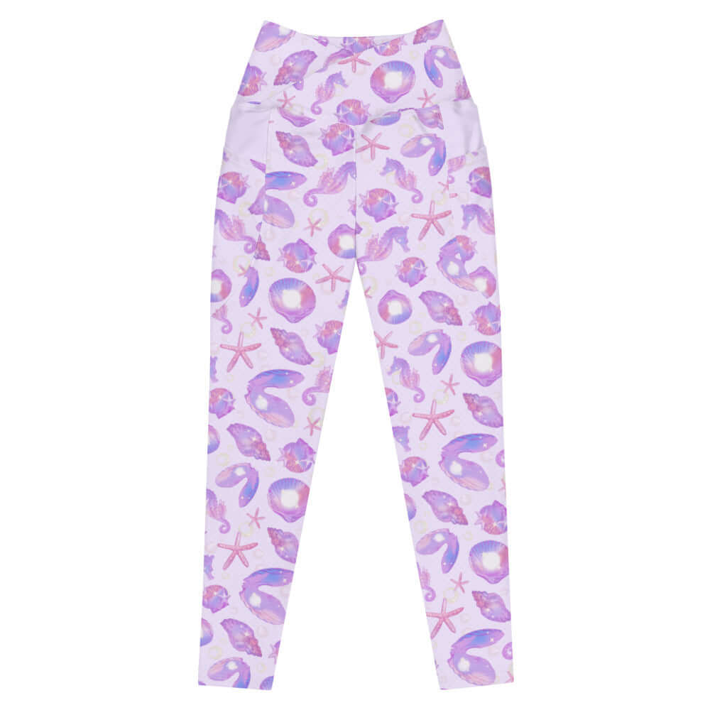 Premium Sea Princess Leggings showcase vibrant seashell and starfish patterns, perfect for mermaid-inspired style.