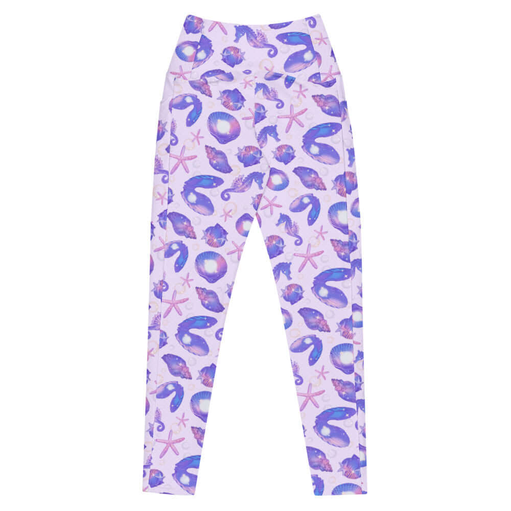 Premium Sea Princess Leggings feature a vibrant seashell pattern and a high-waisted design for ultimate comfort.