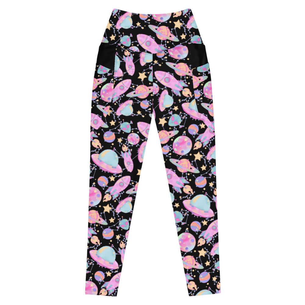 High-waisted Premium Space Leggings with a vibrant cosmic print, perfect for gym and casual outings.