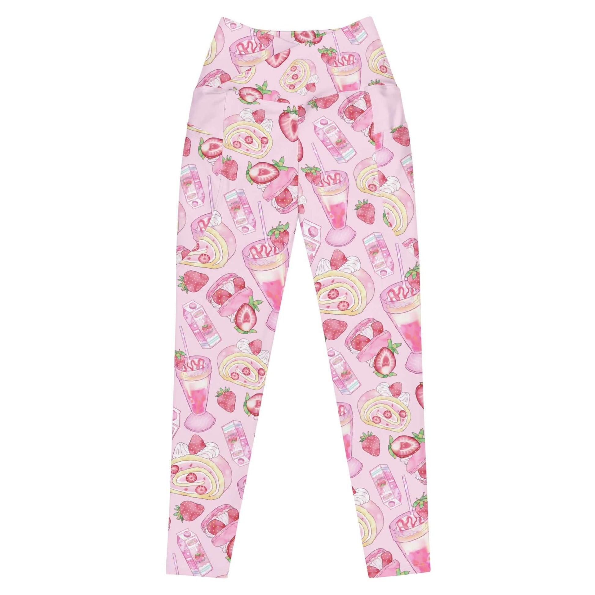 Stylish Premium Strawberry Leggings with vibrant fruit print, high-waisted cut, and convenient side pockets.
