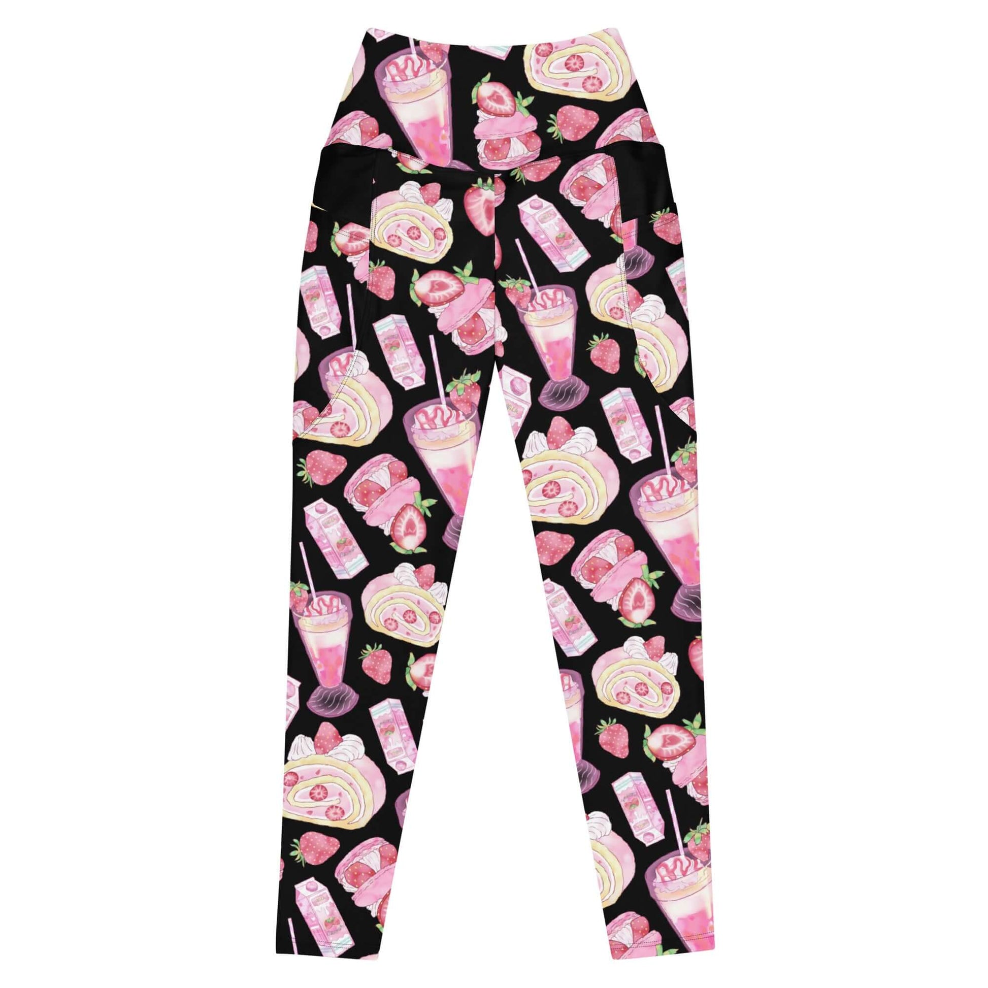 Stylish Premium Strawberry Leggings with a fun print, high-waisted cut, and convenient side pockets for ultimate comfort.