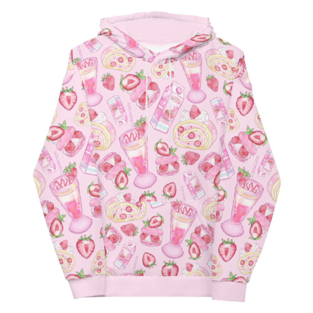 Pastel pink Strawberry Hoodie featuring a vibrant print, perfect for achieving a kawaii aesthetic.