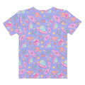Stylish Space T-shirt featuring colorful planets and rockets, perfect for casual outings and gym wear.