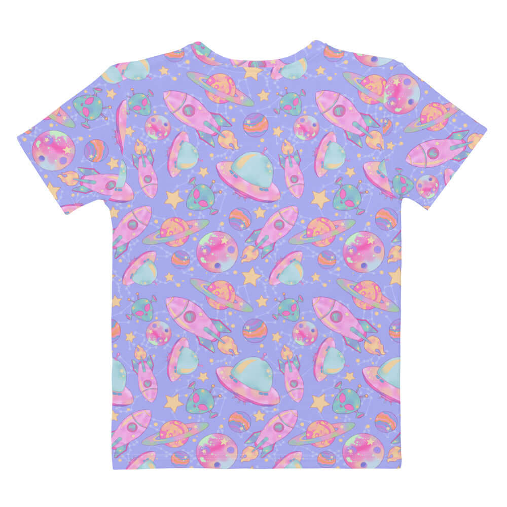 Stylish Space T-shirt featuring colorful planets and rockets, perfect for casual outings and gym wear.