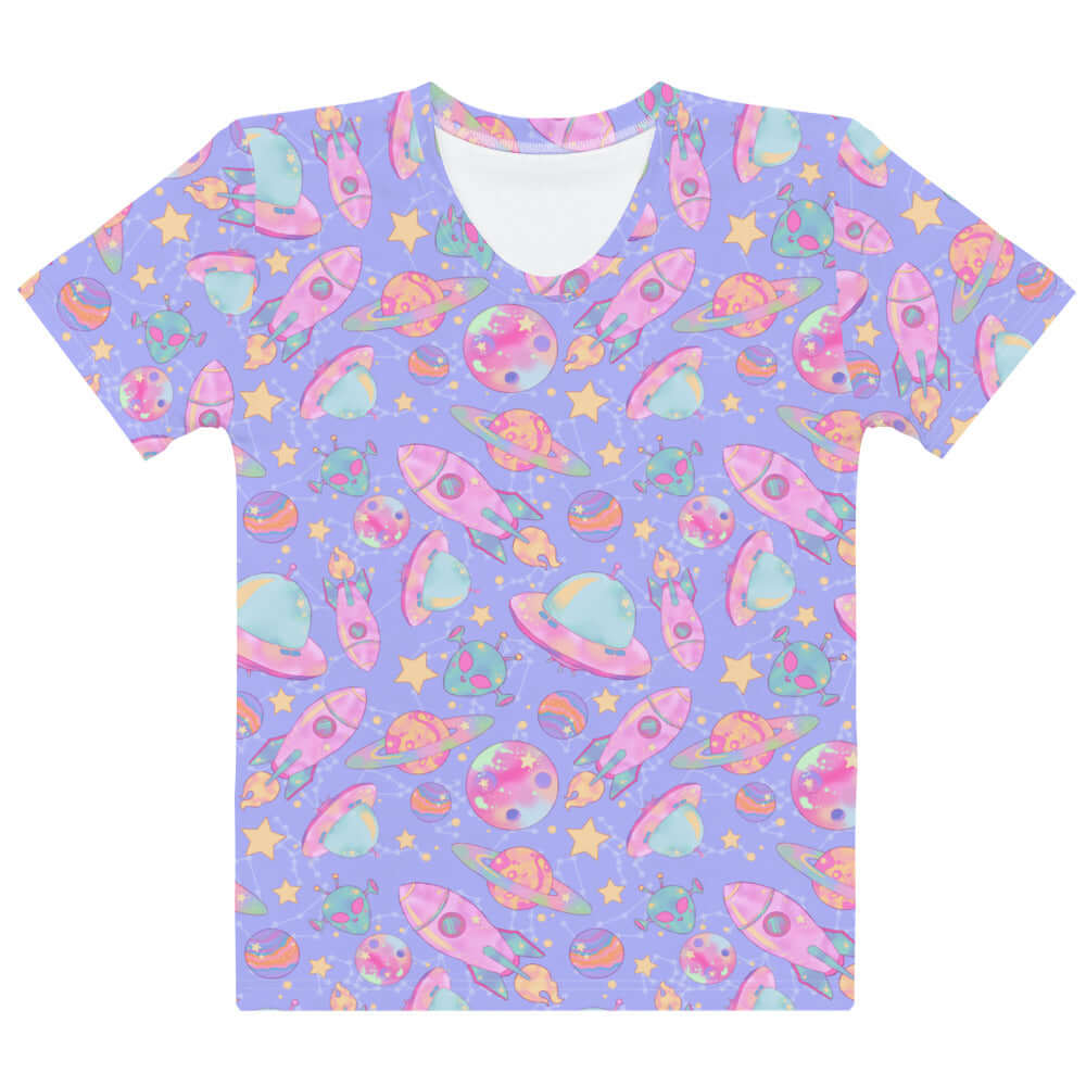 Cute and comfy Space T-shirt featuring a vibrant cosmic design, perfect for gym or casual outings.