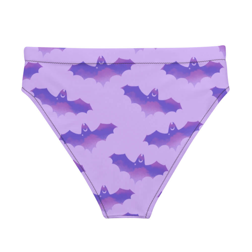 High-waisted Morrigan Bikini Bottom featuring a bat pattern, perfect for beach adventures and stylish comfort.