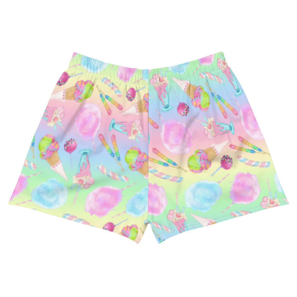 Rainbow Candy Athletic Short Shorts feature a vibrant candy print, perfect for summer activities or lounging.