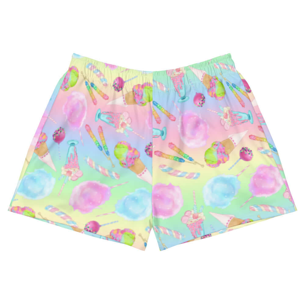 Rainbow Candy Athletic Short Shorts featuring a playful candy print, perfect for summer activities and lounging.