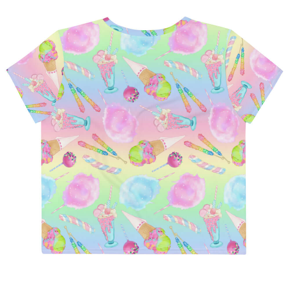 Pastel-patterned Rainbow Candy Crop Top featuring sweet treats, perfect for a cute and comfy wardrobe update.