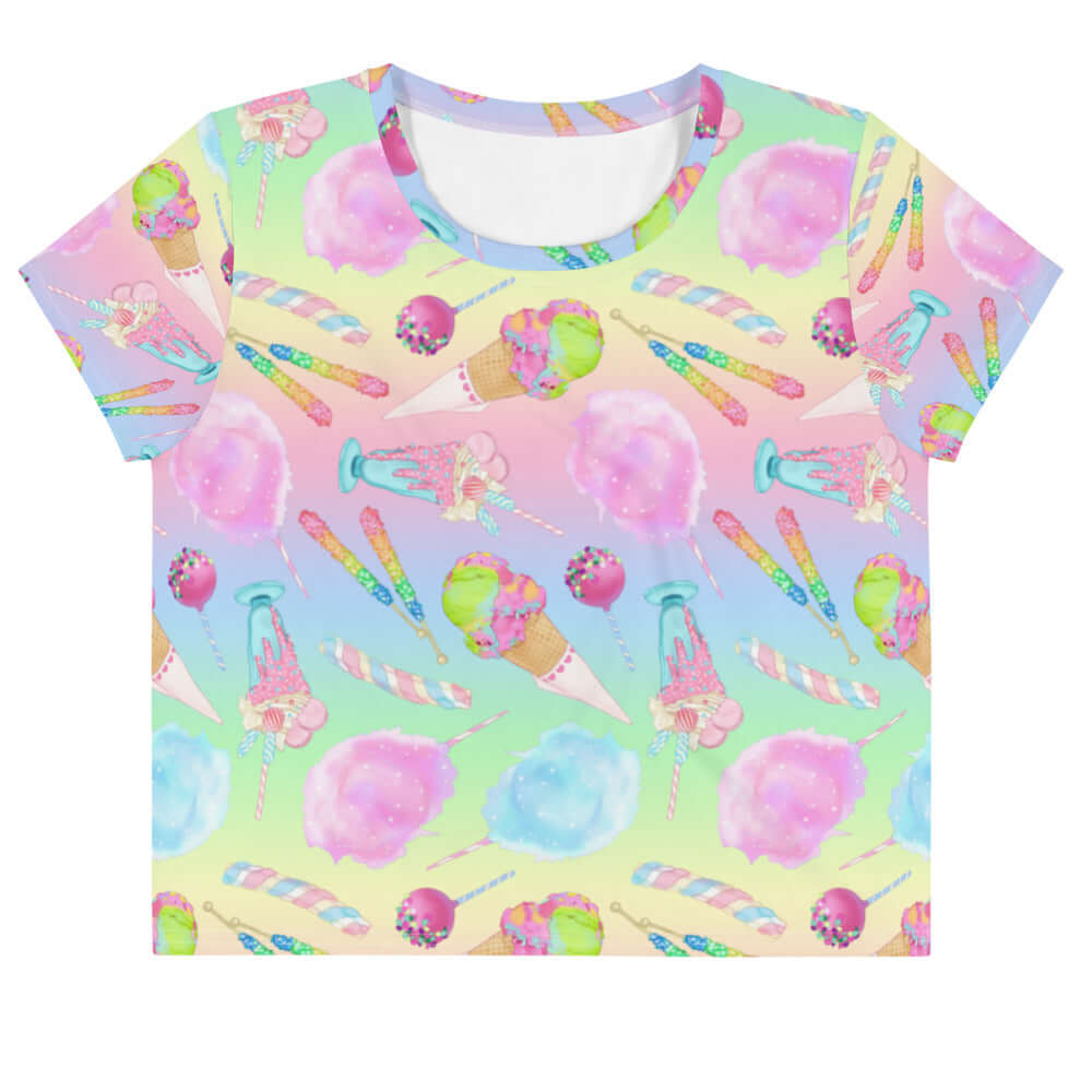 Bright and playful Rainbow Candy Crop Top featuring pastel colors and sweet patterns, perfect for a trendy wardrobe.