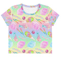 Bright and playful Rainbow Candy Crop Top featuring pastel colors and sweet patterns, perfect for a trendy wardrobe.