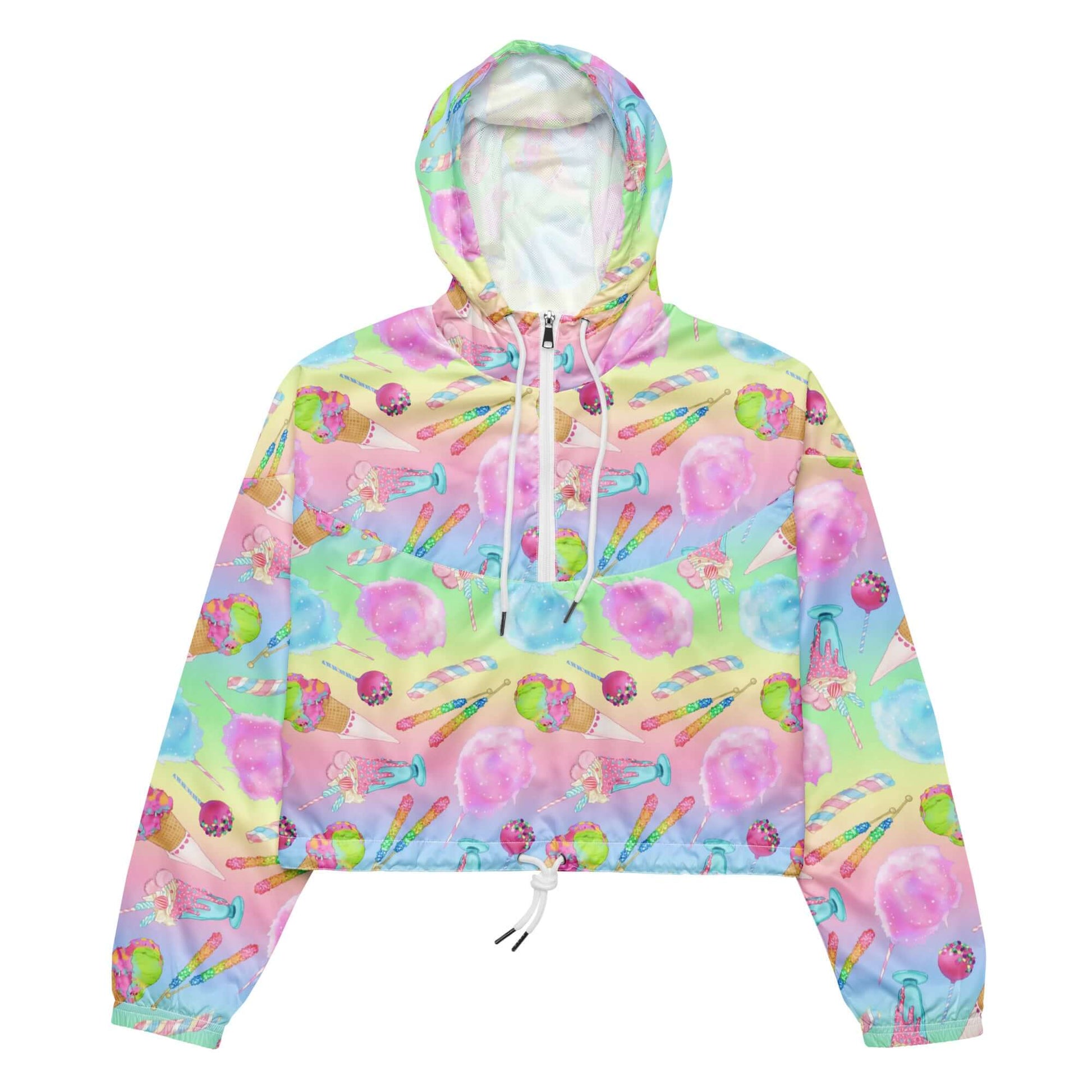 Vibrant Rainbow Candy cropped windbreaker, perfect for adventures with waterproof design and stylish candy print.