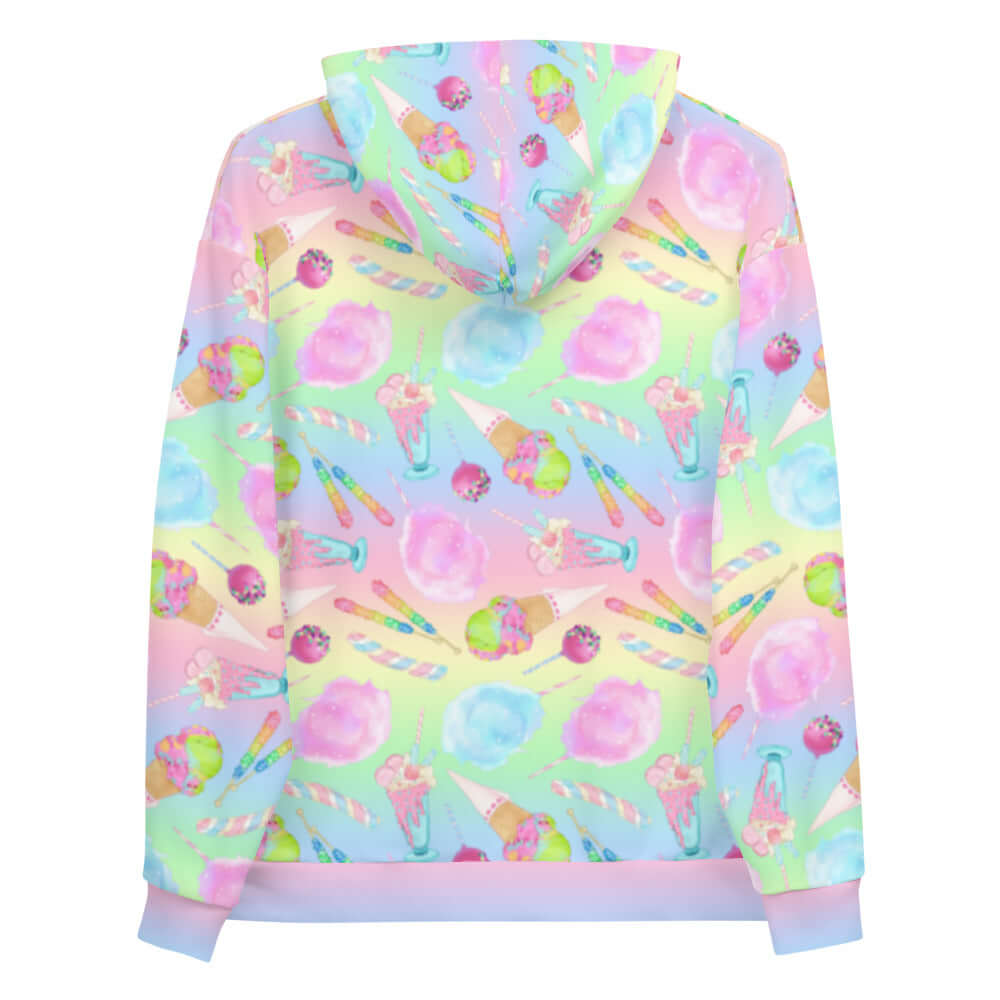 Vibrant Rainbow Candy Hoodie featuring a fun sweet-themed print, perfect for those with a sweet tooth!