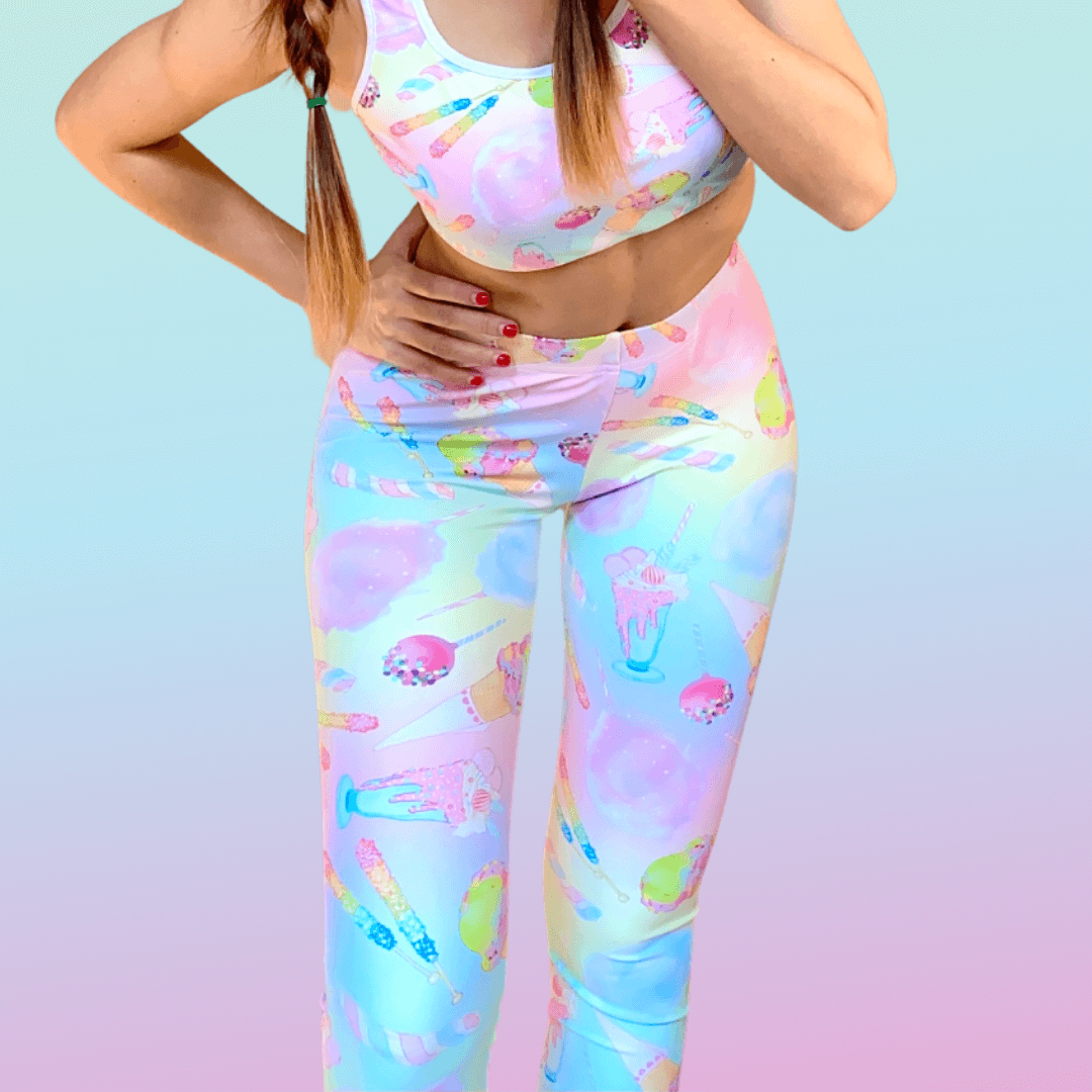 Stylish Rainbow Candy Leggings featuring colorful ice cream and candy designs, perfect for a fun, vibrant look.