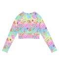 Colorful Rainbow Candy Long-sleeved Crop Top featuring fun designs, perfect for eco-friendly athleisure and sports.
