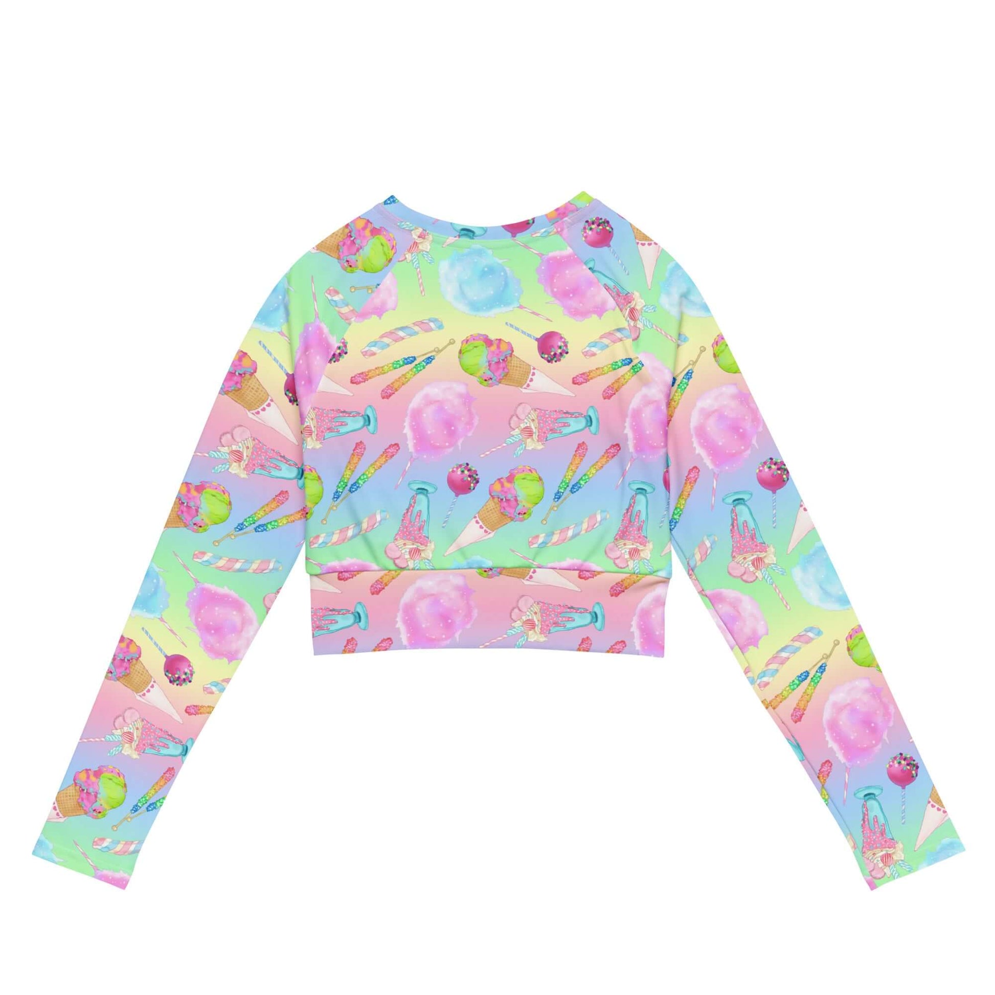 Colorful Rainbow Candy Long-sleeved Crop Top featuring fun designs, perfect for eco-friendly athleisure and sports.