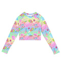 Colorful Rainbow Candy Long-sleeved Crop Top made from recycled materials, perfect for athleisure and sports activities.