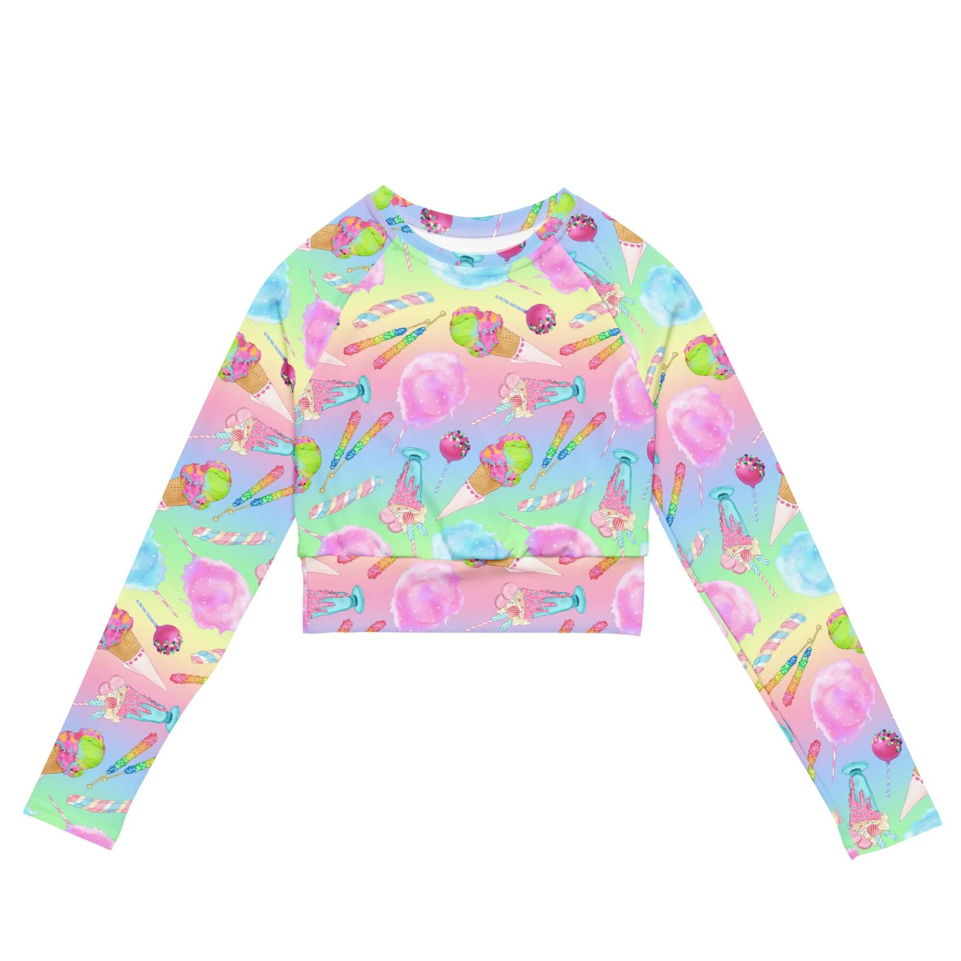Colorful Rainbow Candy Long-sleeved Crop Top made from recycled materials, perfect for athleisure and sports activities.