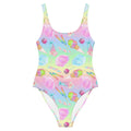 Colorful Rainbow Candy One-Piece Swimsuit featuring sweet designs of candy and ice cream, perfect for summer fun.