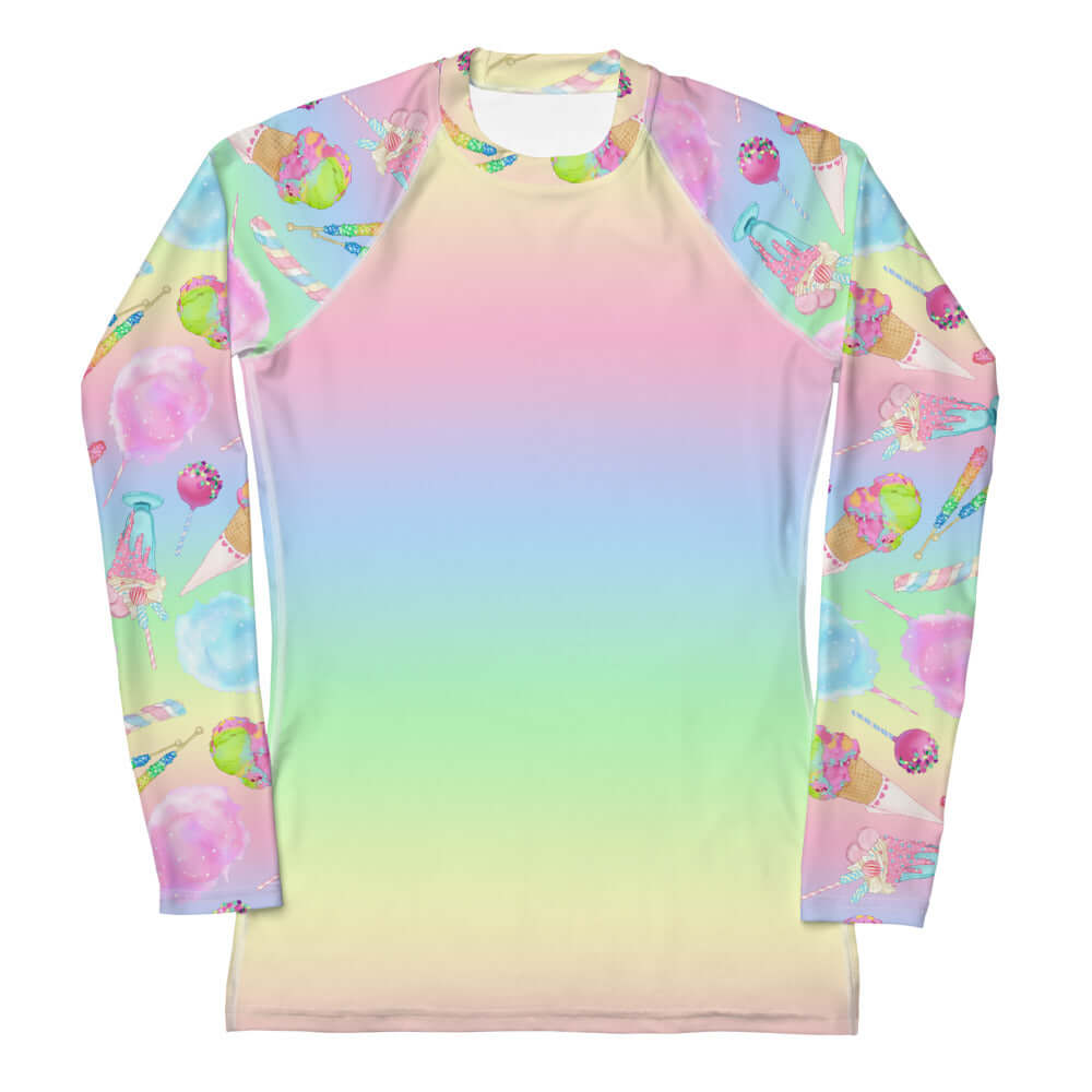 Colorful Rainbow Candy Rash Guard designed for comfort and sun protection during active sports.